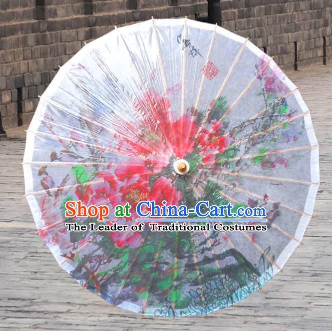 China Traditional Dance Handmade Umbrella Painting Peony White Oil-paper Umbrella Stage Performance Props Umbrellas