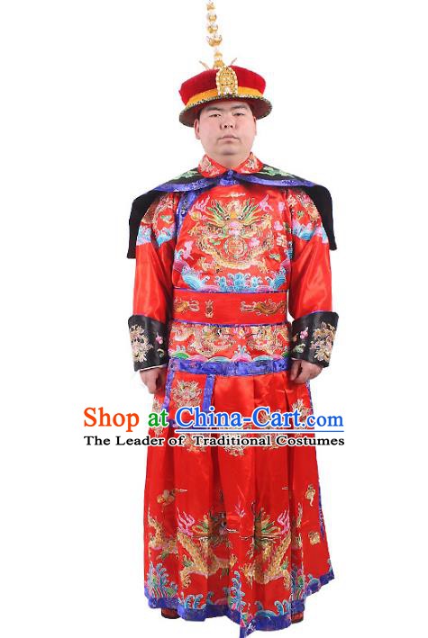 Chinese Beijing Opera Qing Dynasty Emperor Costume Embroidered Robe, China Manchu Majesty Embroidery Clothing
