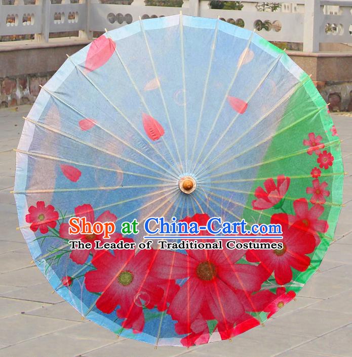 China Traditional Folk Dance Paper Umbrella Hand Painting Flowers Blue Oil-paper Umbrella Stage Performance Props Umbrellas