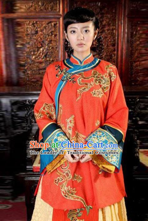 Traditional Chinese Ancient Qing Dynasty Young Mistress Embroidered Red Xiuhe Suit Clothing for Women