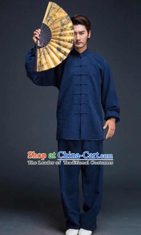 Top Grade Chinese Kung Fu Costume, China Martial Arts Tai Ji Training Navy Uniform Gongfu Wushu Clothing for Men