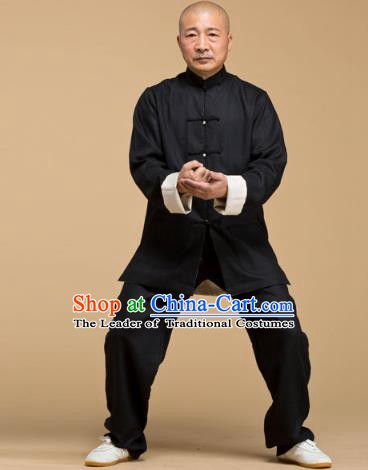 Top Grade Chinese Kung Fu Black Costume, China Martial Arts Tai Ji Training Uniform Gongfu Wushu Clothing for Men