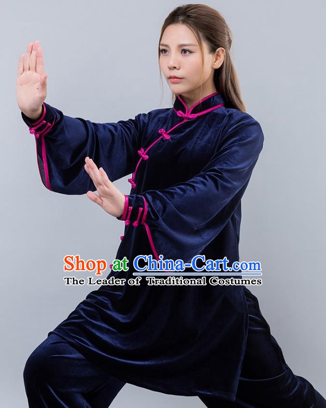Top Grade Chinese Kung Fu Deep Blue Velvet Costume China Martial Arts Training Uniform Tai Ji Wushu Clothing for Women