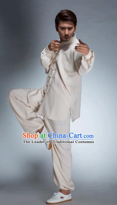 Top Grade Chinese Kung Fu Beige Linen Costume, China Martial Arts Tai Ji Training Uniform Gongfu Clothing for Men