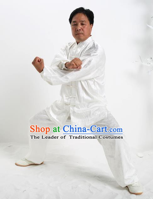 Top Grade Chinese Kung Fu White Silk Costume, China Martial Arts Tai Ji Training Uniform Gongfu Clothing for Men