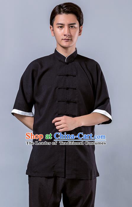 Top Grade Chinese Kung Fu Costume Tai Ji Training Black Linen Uniform, China Martial Arts Tang Suit Gongfu Clothing for Men