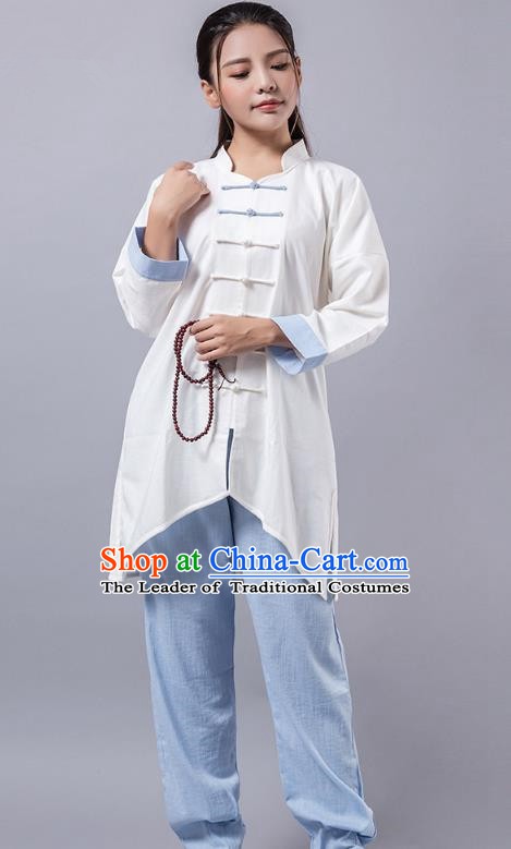 Top Grade Chinese Kung Fu Blue Costume Martial Arts Linen Uniform, China Tai Ji Wushu Clothing for Women
