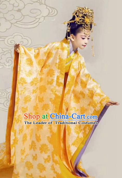 Asian Chinese Ancient Han Dynasty Imperial Empress Costume and Handmade Headpiece Complete Set for Kids