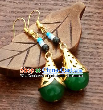Traditional Chinese Handmade Classical Hanfu Eardrop Ancient Palace Queen Green Beads Earrings for Women