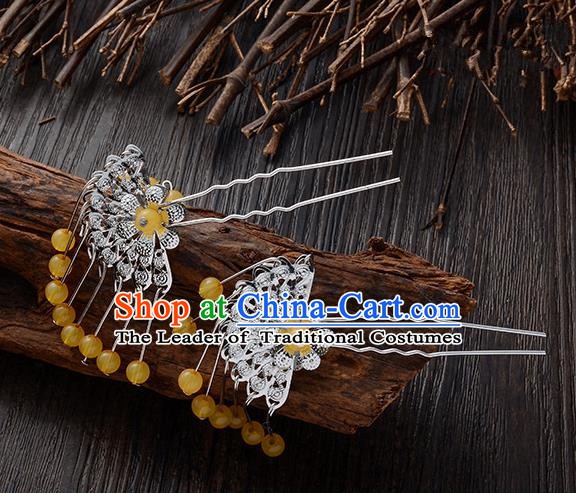Handmade Asian Chinese Classical Hair Accessories Ancient Yellow Beads Tassel Hairpins Headwear for Women