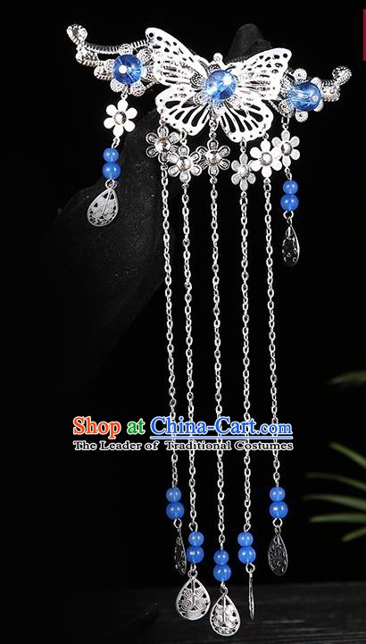 Handmade Asian Chinese Classical Hair Accessories Deep Blue Beads Tassel Hairpins Hanfu Hair Stick for Women