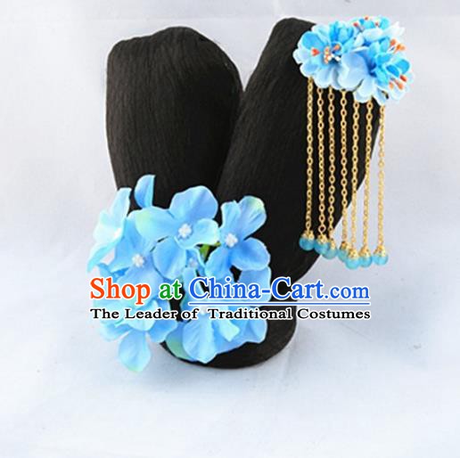 Asian Chinese Handmade Palace Lady Classical Wig and Hair Accessories Tassel Hairpins Complete Set for Women