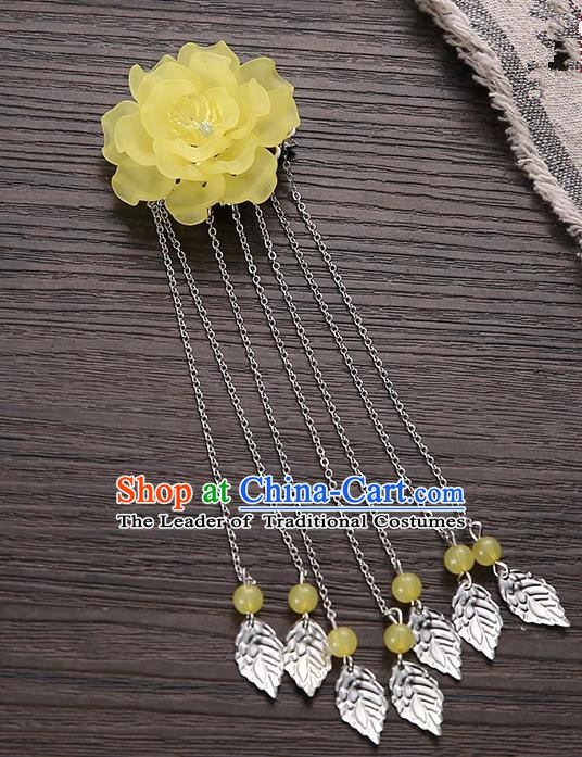 Asian Chinese Handmade Classical Hair Accessories Yellow Flower Hairpins Hanfu Tassel Hair Claw for Women