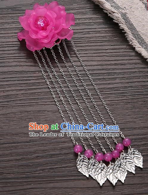 Asian Chinese Handmade Classical Hair Accessories Rosy Flower Hairpins Hanfu Tassel Hair Claw for Women