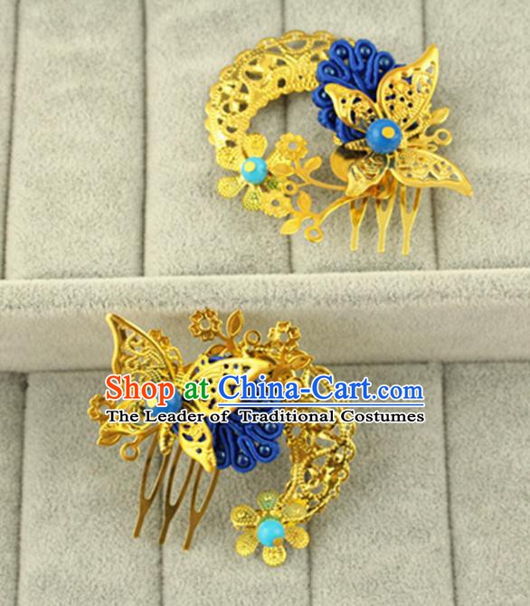 Asian Chinese Handmade Classical Hair Accessories Princess Hairpins Blue Butterfly Hair Comb for Women