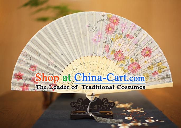 Traditional Chinese Crafts Printing Flowers White Folding Fan, China Sensu Paper Fans for Women
