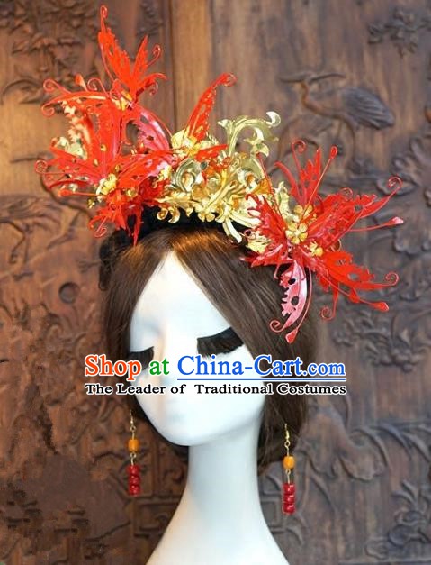 Chinese Handmade Classical Luxurious Hairpins Hair Accessories Ancient Red Butterfly Phoenix Coronet for Women