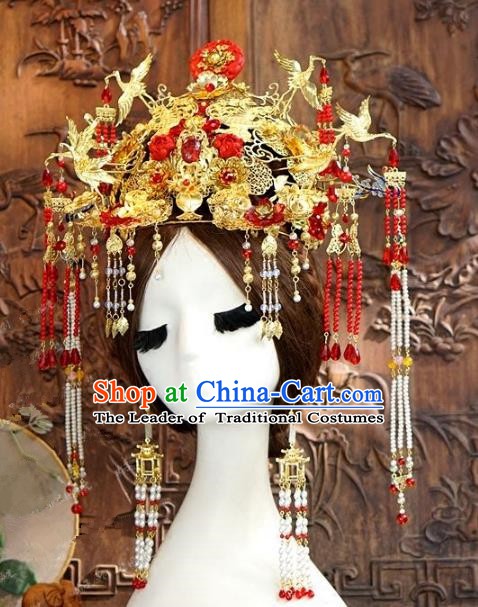 Chinese Ancient Handmade Classical Wedding Hair Accessories Exaggerated Phoenix Coronet Xiuhe Suit Bride Hairpins for Women