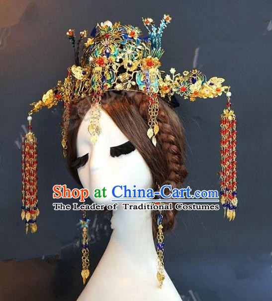 Chinese Ancient Handmade Classical Wedding Hair Accessories Xiuhe Suit Blueing Phoenix Coronet Headwear Hairpins for Women