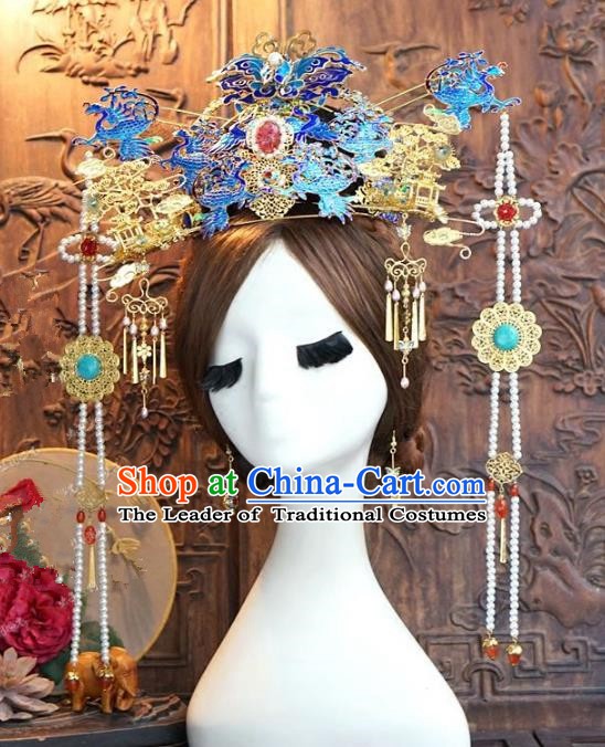Chinese Handmade Classical Hair Accessories Ancient Ming Dynasty Palace Lady Hairpins Blueing Phoenix Coronet for Women
