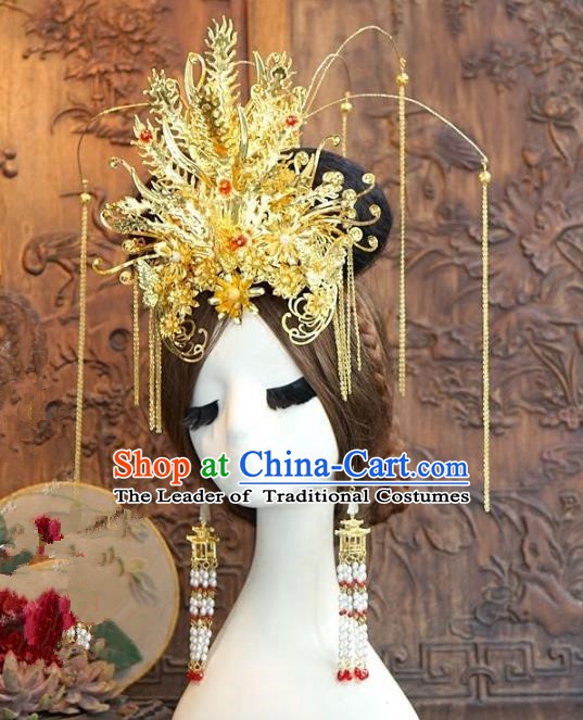 Chinese Ancient Handmade Classical Wedding Hair Accessories Xiuhe Suit Golden Phoenix Coronet Hairpins Complete Set for Women