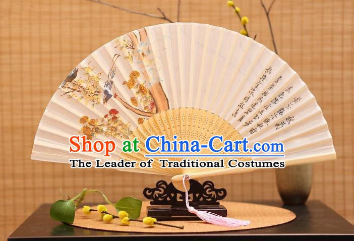 Traditional Chinese Crafts Printing Bird Folding Fan, China Sensu Paper Fans for Women