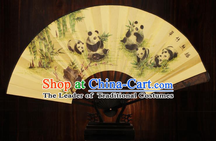 Traditional Chinese Crafts Printing Panda Folding Fan, China Sculpture Framework Silk Fans for Men