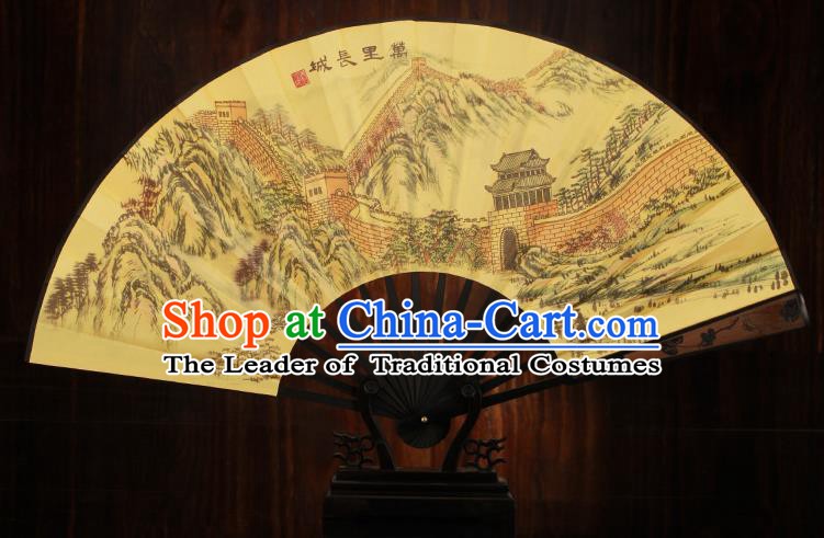 Traditional Chinese Crafts Printing Great Wall Folding Fan, China Sculpture Framework Silk Fans for Men