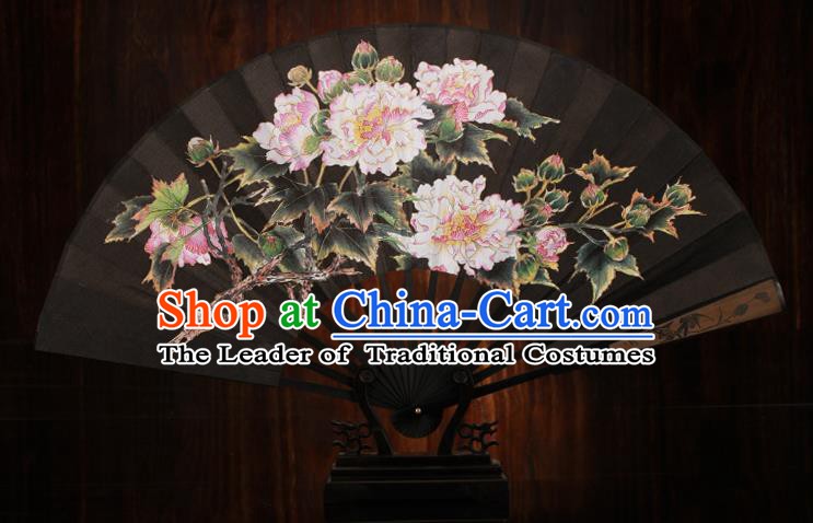 Traditional Chinese Crafts Printing Peony Black Folding Fan, China Sculpture Framework Silk Fans for Men