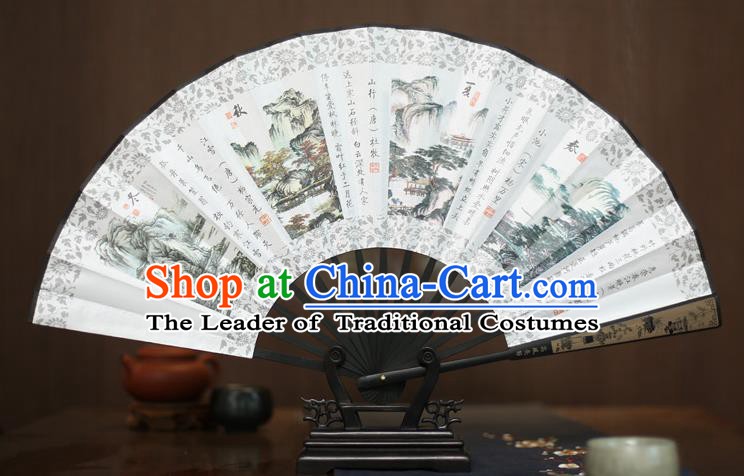 Traditional Chinese Crafts Printing Four Seasons Folding Fan, China Sculpture Framework Silk Fans for Men