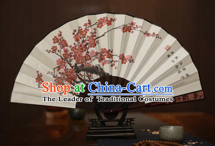 Traditional Chinese Crafts Printing Plum Blossom White Folding Fan, China Sculpture Framework Silk Fans for Men
