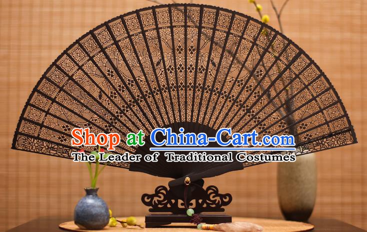 Traditional Chinese Crafts Ebony Folding Fan Carving Sandalwood Fans for Women