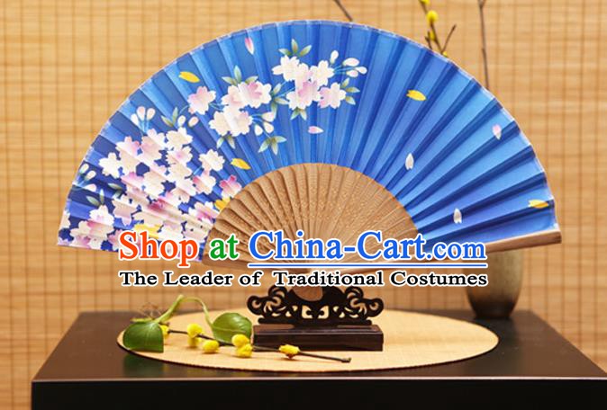 Traditional Chinese Crafts Folding Fans Printing Begonia Flowers Blue Silk Fan for Women