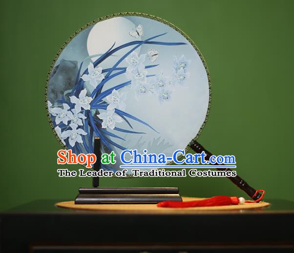 Traditional Chinese Crafts Printing Orchid Round Fan, China Palace Fans Princess Silk Circular Fans for Women