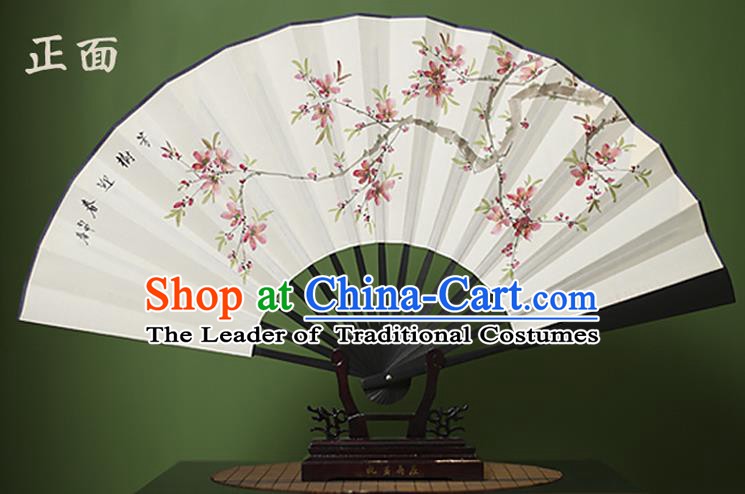 Traditional Chinese Crafts Printing Peach Blossom White Folding Fan Paper Fans for Women