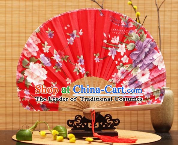Traditional Chinese Crafts Shell Red Silk Folding Fan Ink Painting Flowers Bamboo Fans for Women
