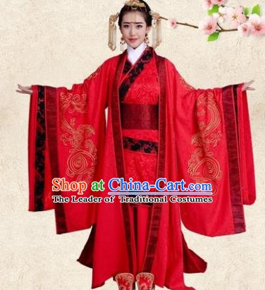 Traditional Chinese Ancient Imperial Empress Wedding Costume, China Han Dynasty Bride Trailing Embroidered Hanfu Clothing for Women
