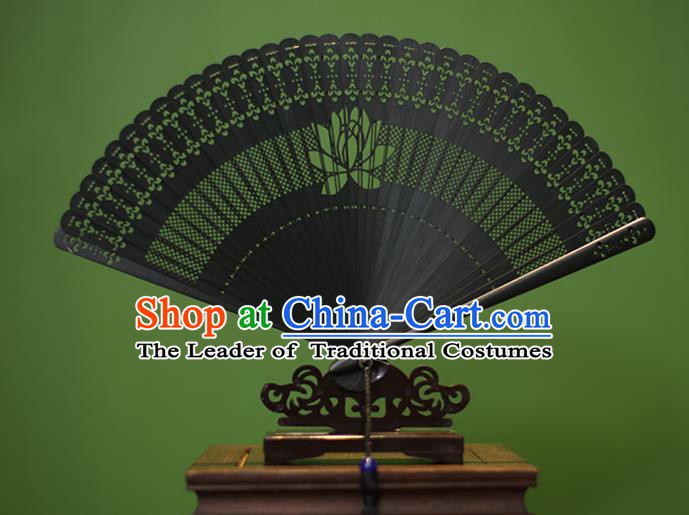 Traditional Chinese Crafts Black Folding Fan Hollow Out Lotus Bamboo Fans for Women