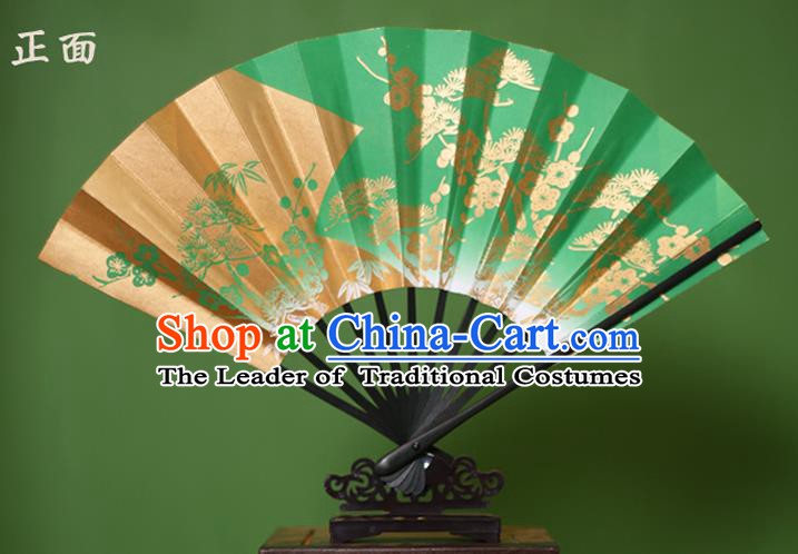 Traditional Chinese Crafts Printing Pineburst Green Paper Folding Fan Sensu Fans for Women