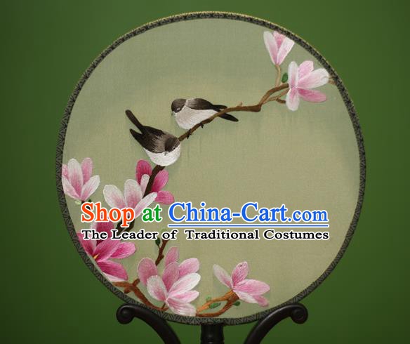 Traditional Chinese Crafts Embroidered Magnolia Birds Round Fan, China Palace Fans Princess Silk Circular Fans for Women