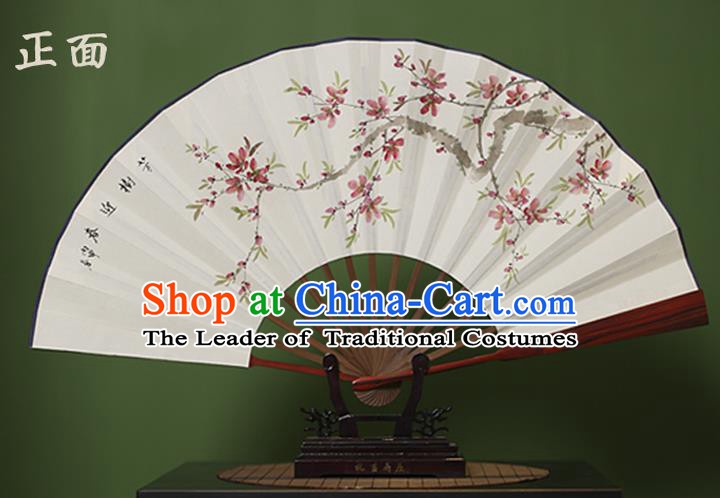 Traditional Chinese Crafts Ink Painting Peach Blossom Folding Fan, China Handmade Xuan Paper Fans for Men