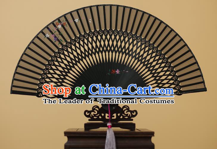 Traditional Chinese Crafts Printing Flower Black Silk Folding Fan, China Handmade Bamboo Fans for Women
