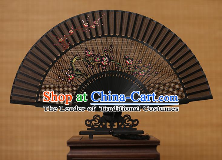 Traditional Chinese Crafts Hand Painting Plum Blossom Folding Fan, China Handmade Black Silk Fans for Women