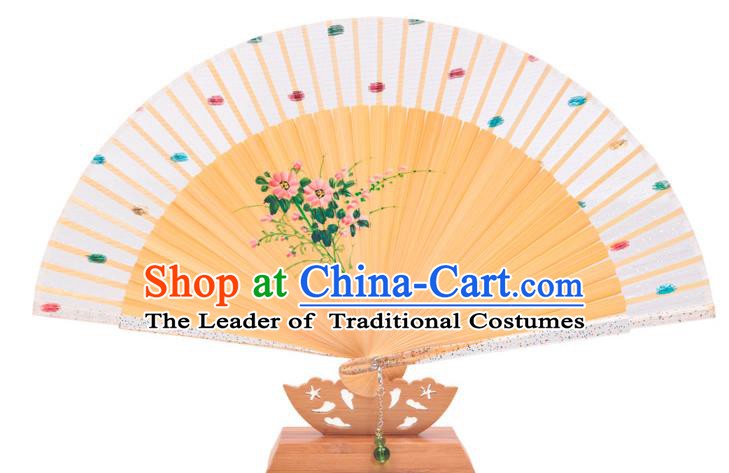 Traditional Chinese Crafts White Silk Folding Fan, China Handmade Printing Flowers Bamboo Bone Fans for Women