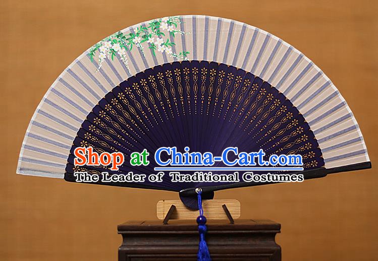 Traditional Chinese Crafts Printing Flowers Classical Folding Fan, China Handmade Navy Bamboo Silk Fans for Women