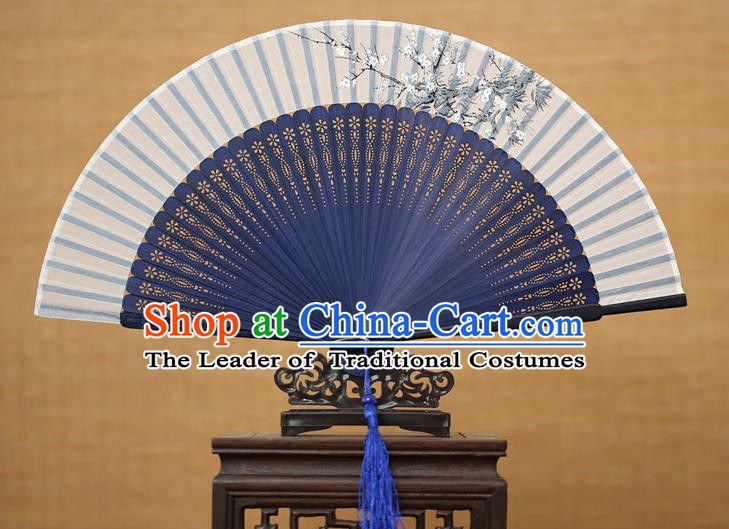 Traditional Chinese Crafts Printing Wintersweet Classical Folding Fan, China Handmade Blue Bamboo Silk Fans for Women