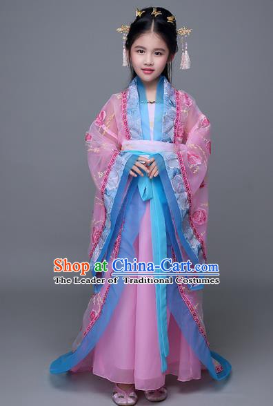 Traditional Chinese Tang Dynasty Palace Lady Costume, China Ancient Princess Hanfu Trailing Embroidered Clothing for Kids