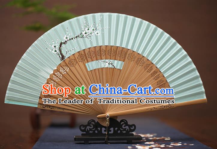 Traditional Chinese Crafts Printing Wintersweet Folding Fan, China Handmade Classical Green Silk Fans for Women