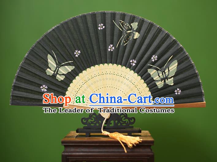 Traditional Chinese Crafts Printing Butterfly Folding Fan, China Handmade Classical Black Silk Fans for Women