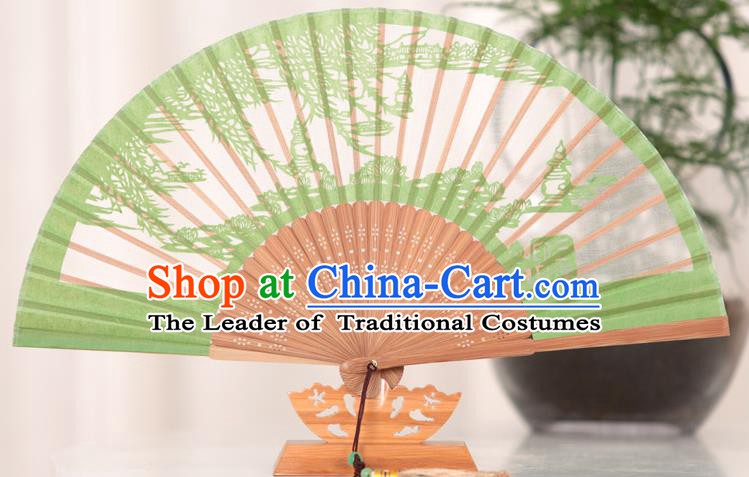 Traditional Chinese Crafts West Lake Scenery Folding Fan, China Handmade Classical Green Silk Fans for Women
